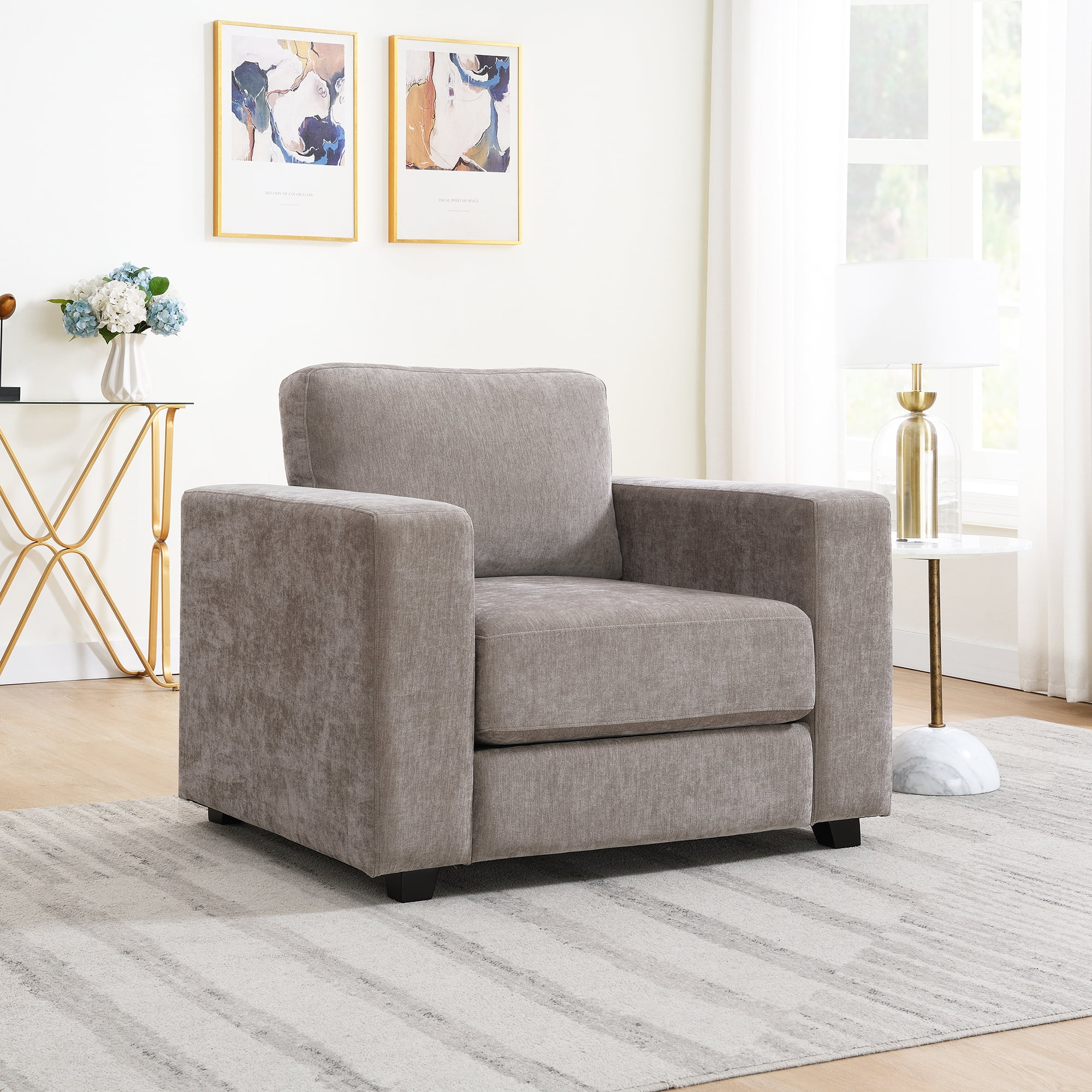 Oversized Accent Chair, Modern Chenille Fabric Upholstered Sofa Chair with Widen Arms, Comfy Armchair Reading Chair for Living Room Bedroom Office, Light Brown
