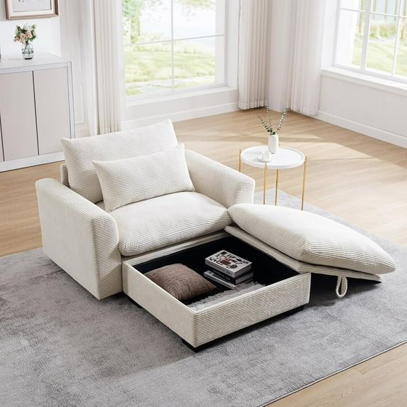 Oversized Accent Chair with Ottoman, 51'' Wide Modern Chair and A Half, Comfy Corduroy Chaise Lounge Chair Indoor, Upholstered Deep Seat Single Sofa Armchair for Living Room Bedroom Apartment, Beige