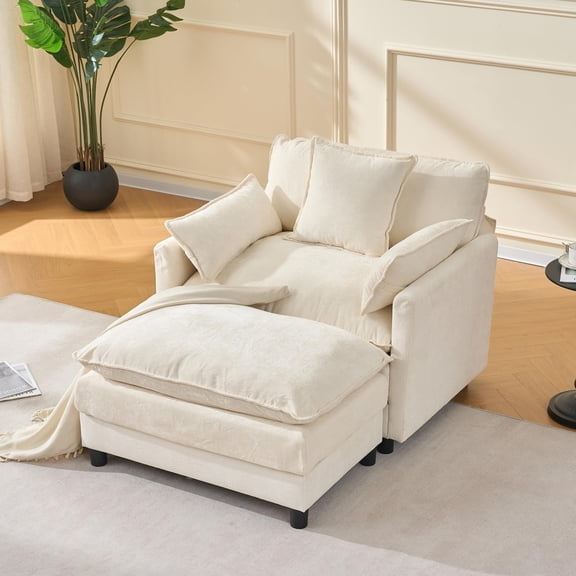 Oversized Accent Chair with Ottoman, Chenille Cloud Single Sofa Upholstered Double-Layer Seat Lounge Armchair with Pillows for Living Room Reading Apartment, Beige