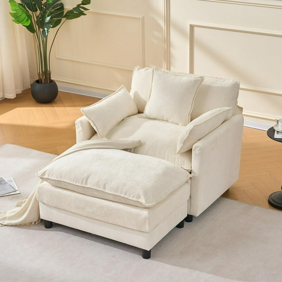 Oversized Accent Chair with Ottoman, Chenille Cloud Single Sofa Upholstered Double-Layer Seat Lounge Armchair with Pillows for Living Room Reading Apartment, Beige