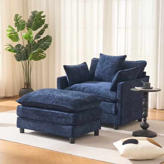 Oversized Accent Chair with Ottoman, Chenille Cloud Single Sofa Upholstered Double-Layer Seat Lounge Armchair with Pillows for Living Room Reading Apartment