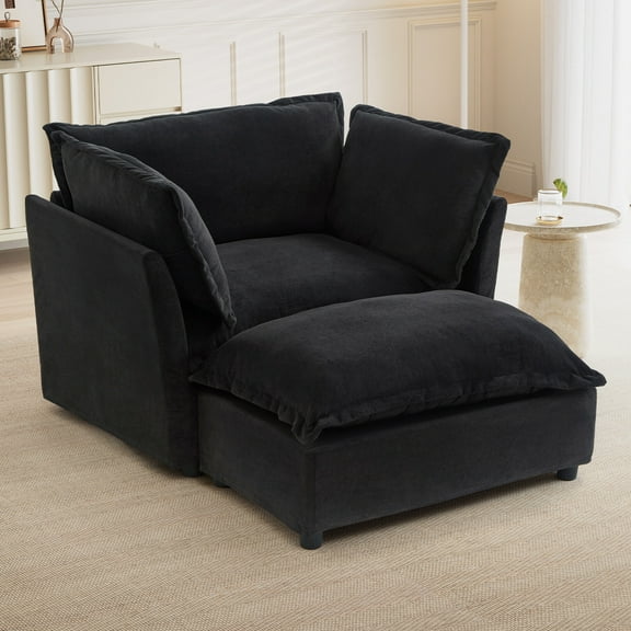 Oversized Accent Chair with Ottoman, Chenille Cloud Sofa Chair with 40" Extra-Wide Seat and Curved Armrests, Modern Armchair Reading Chairs for Bedroom, Black