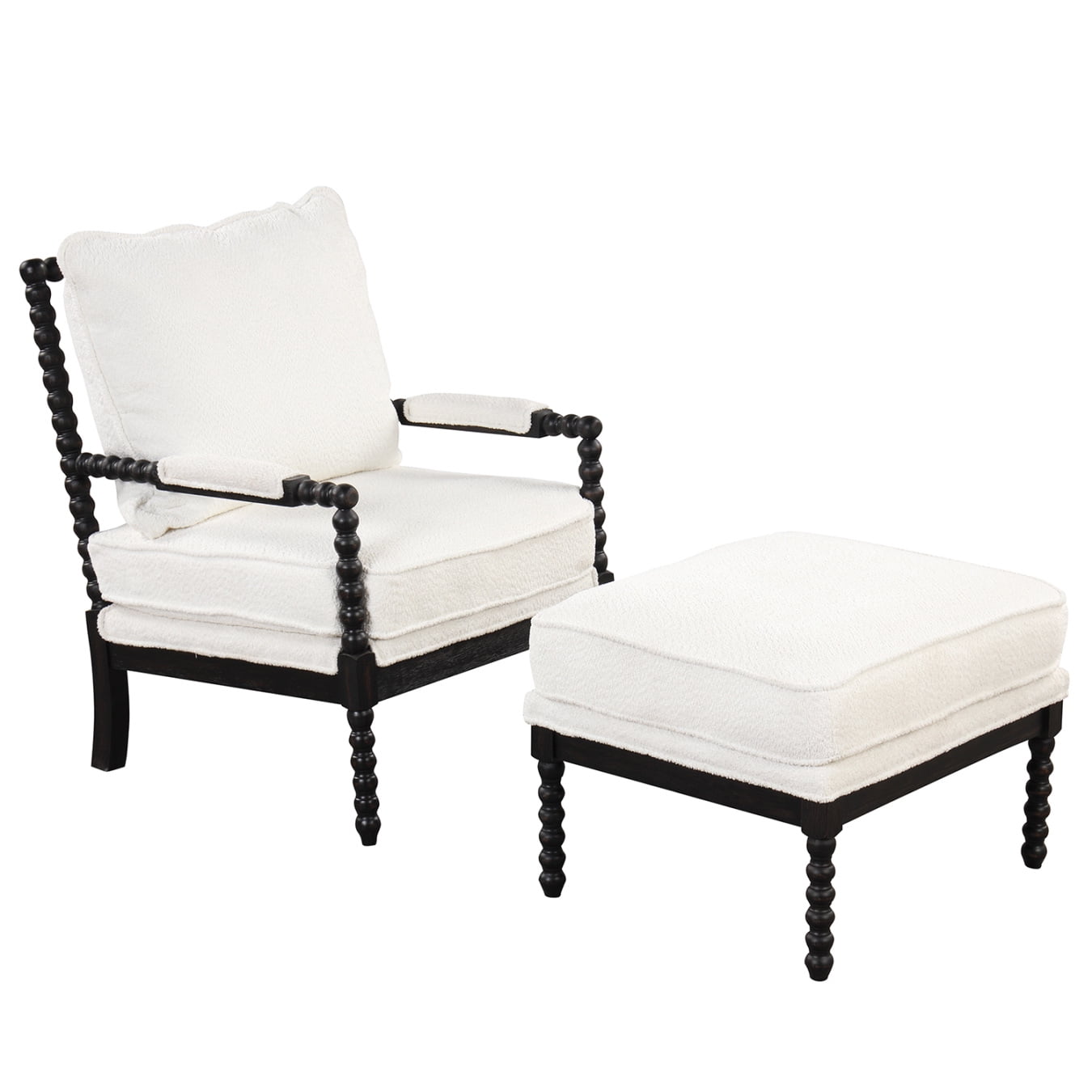 Oversized Accent Chair with Ottoman, Natural Solid Wood Spindle Accent