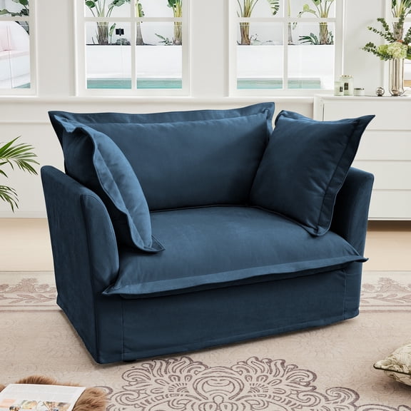 Oversized Accent Chair Slipcover Armchair, Modern Single Deep Seat Comfy Sofa Chair with Back Cushion and 2 Toss Pillows for Living Room, Office, Apartment(Chenille, Blue)