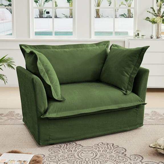 Oversized Accent Chair Slipcover Armchair, Modern Single Deep Seat Comfy Sofa Chair with Back Cushion and 2 Toss Pillows for Living Room, Office, Apartment(Chenille, Green)