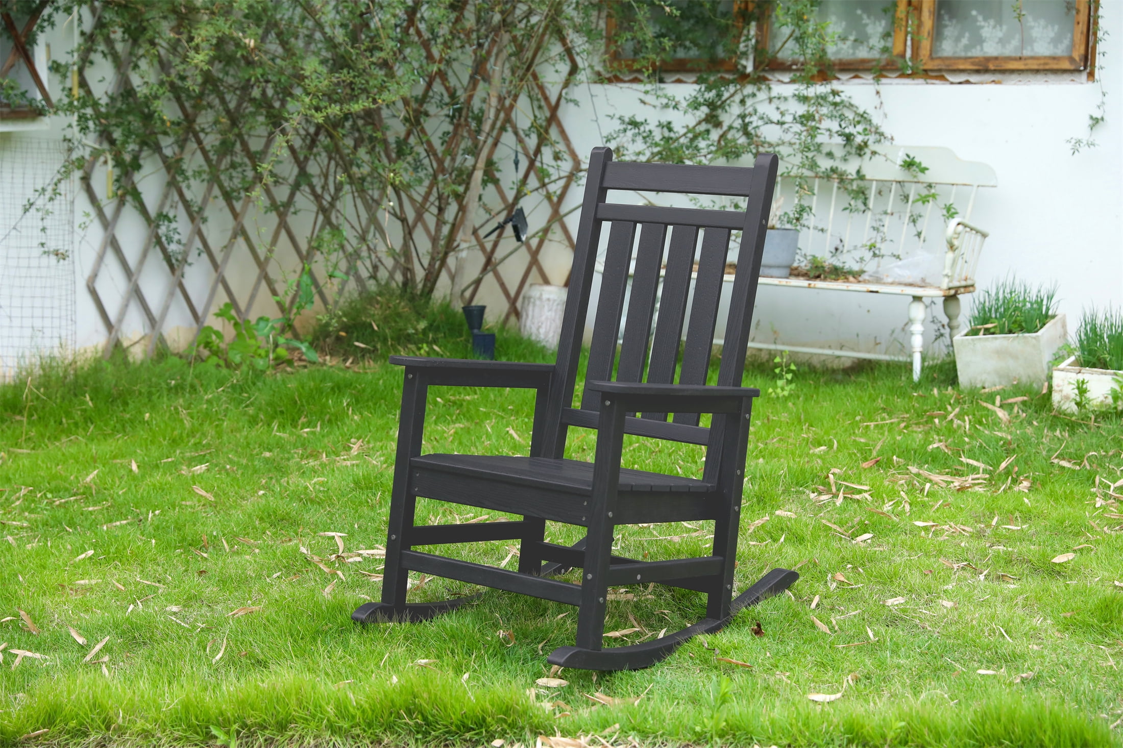 Oversized Adult Rocking Chair, Wood Texture Outdoor Relax Chair for Lawn Garden Backyard Patio Leisure, Black