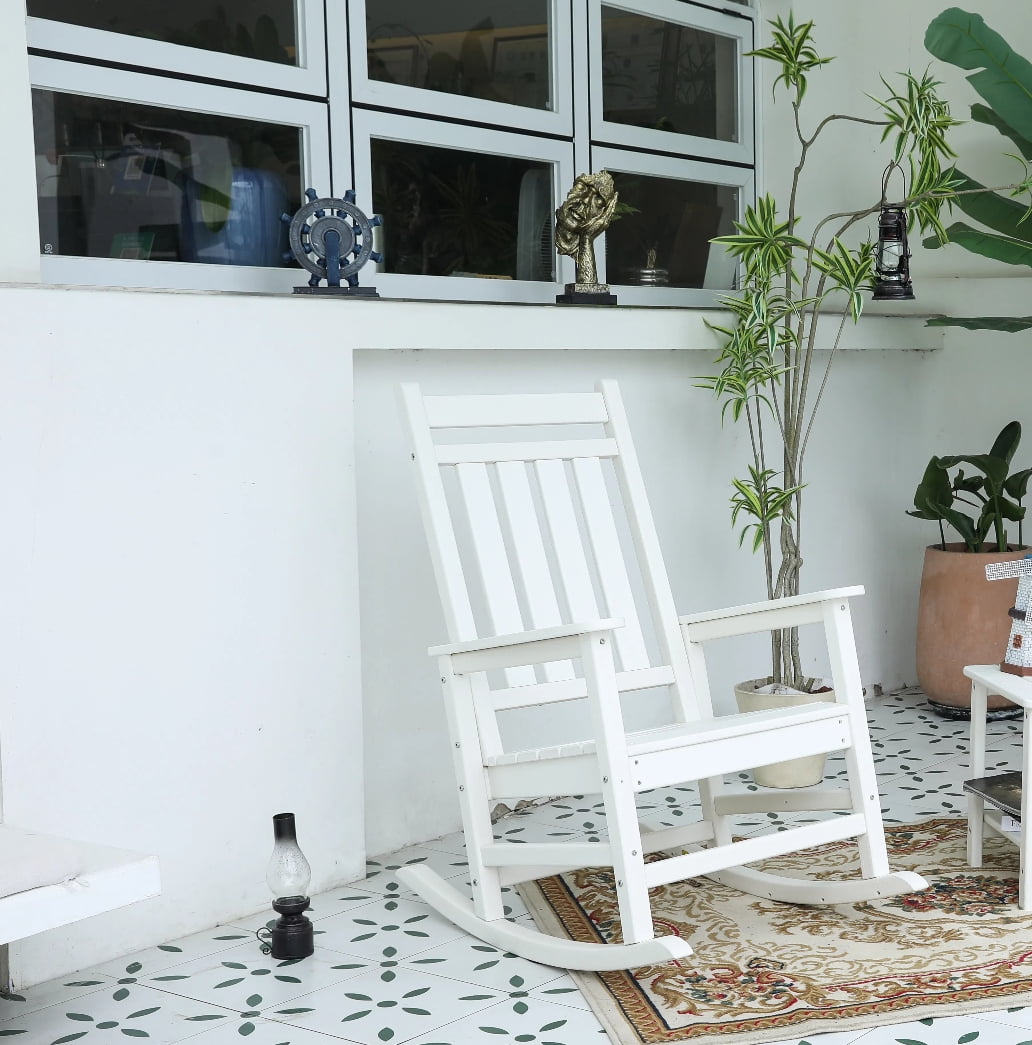 Oversized Adult Rocking Chair, Wood Texture Outdoor Relax Chair for Lawn Garden Backyard Patio Leisure, White