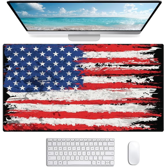 Oversized American Flag Computer Desk Pad, Non Slip Keyboard Pad, Custom Thick Seam Edge Office and Home Mouse Pad 35.4 x 15.7 Inches