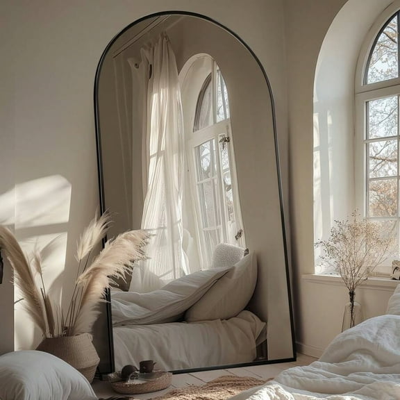 Oversized Arched Full Body Mirror - Floor Standing (With Stand) & Hanging Mount, Black for Bedroom, Living Room, Cloakroom