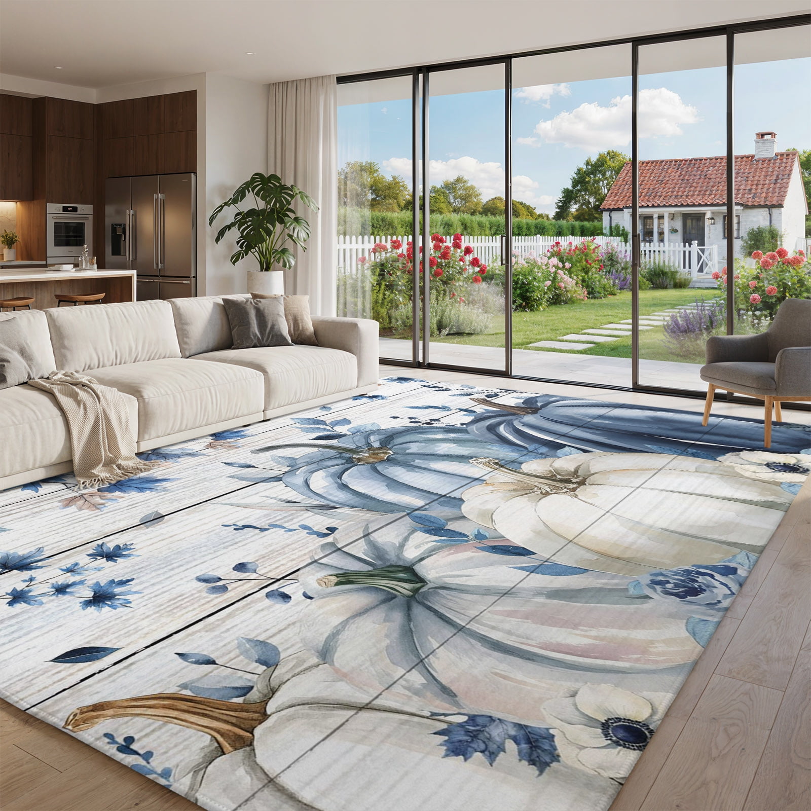 Oversized Area Rug 9x12ft, Blue Fall Pumpkins Non Slip Living Room Area ...