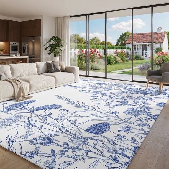 Oversized Area Rug 9x12ft, Blue Flower Plant Non Slip Living Room Area ...