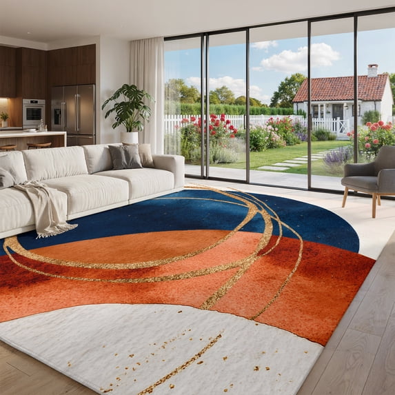 Navy Office Rug Oversized Area Rug 9x12ft, Navy Blue Burnt Orange Non Slip Living Room ...