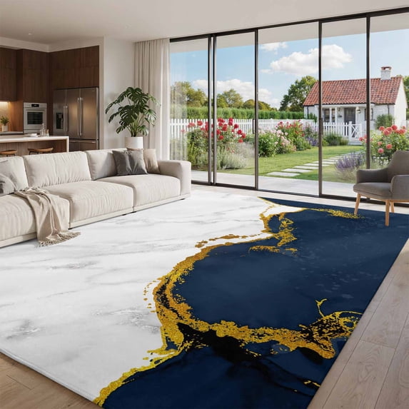 Oversized Area Rug 9x12ft, Navy Blue Gold Marble Non Slip Living Room ...