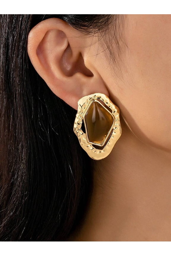 Oversized Asymmetrical Geometric Textured Stud Earrings In Coffee Tone