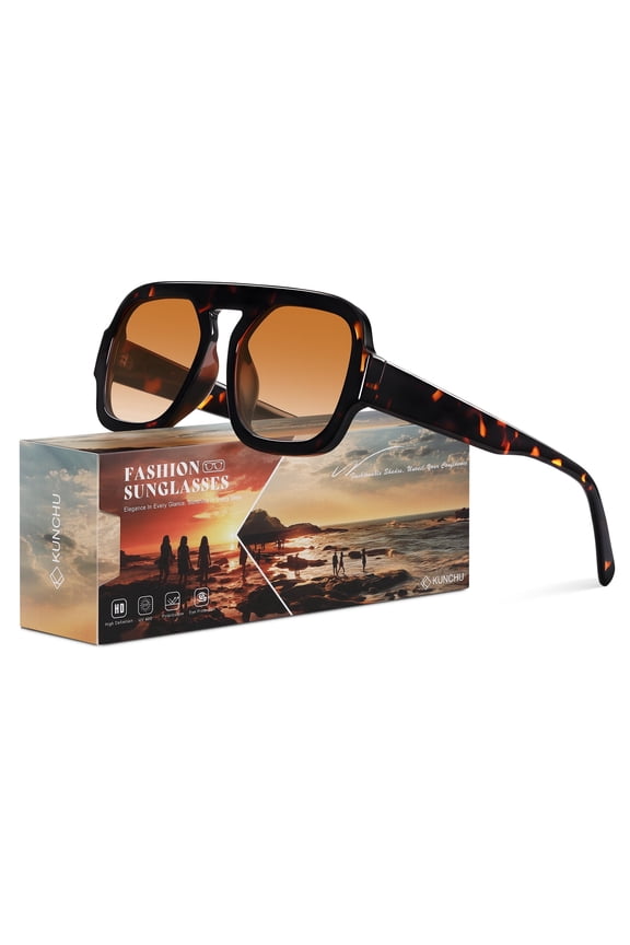 Oversized Aviator Sunglasses for Women Men Retro 70s Flat Top Sun Glasses With UV400 Protection for Driving Shopping（Tortoise/Gradient Tea）