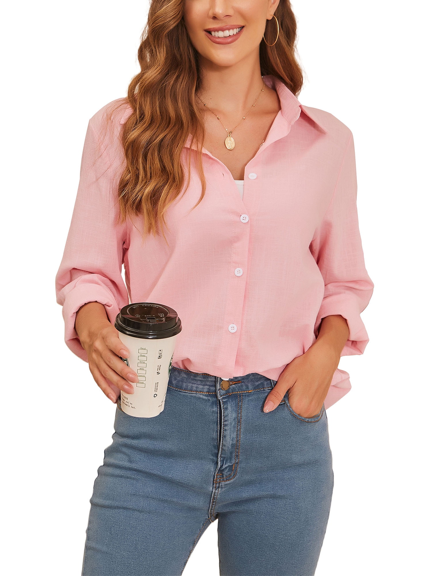 Oversized Baggy Cotton Linen Button Down TShirt Blouse Tops For Women