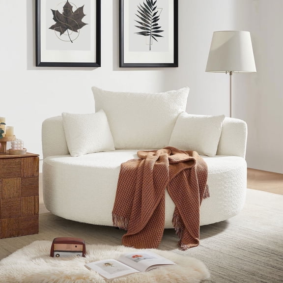 56"W Oversized 360° Swivel Barrel Chair, Chenille Upholstered Accent Chair with Throw Pillows, Beige