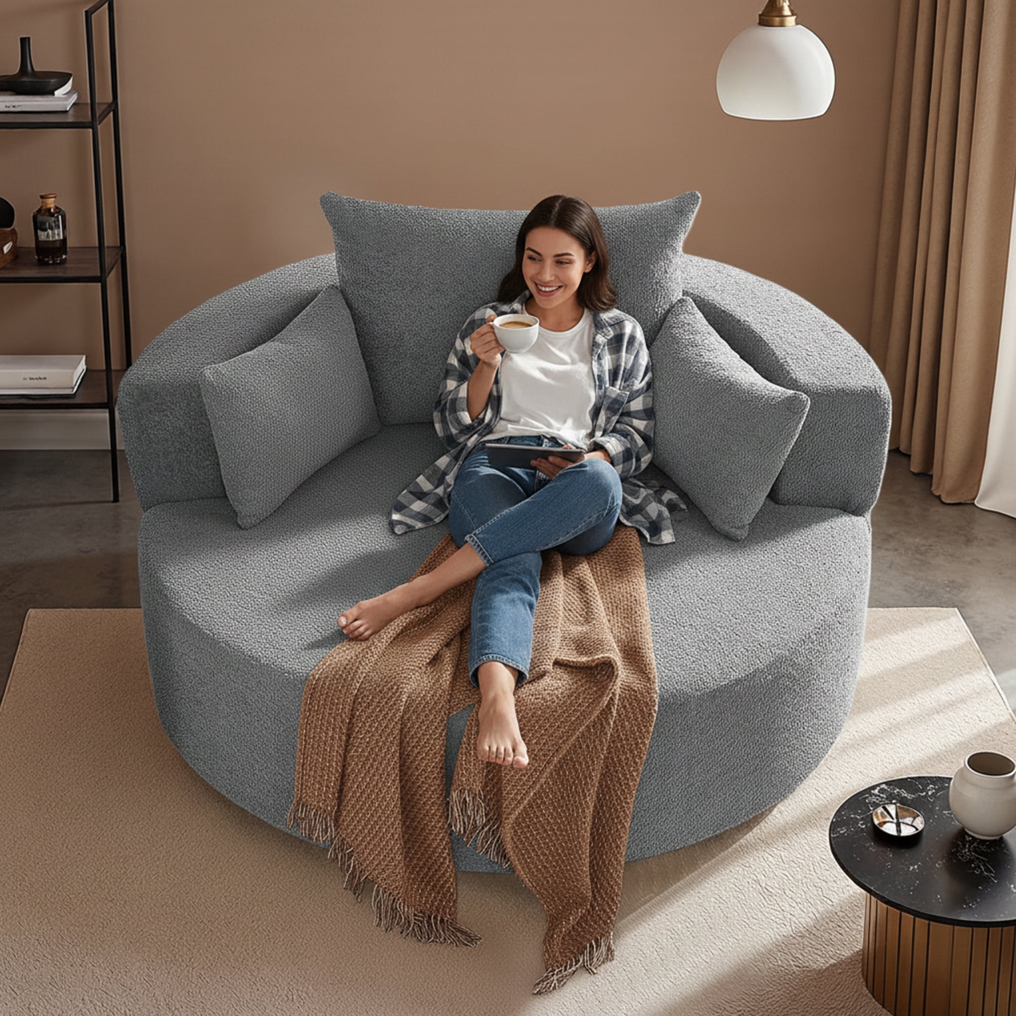 56"W Oversized 360° Swivel Barrel Chair, Chenille Upholstered Accent Chair with Throw Pillows, Gray