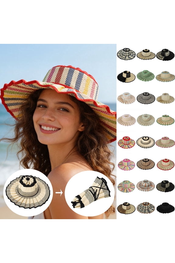Women's Lorna Murray Hat,Straw Reversible Pleated Sun Hat,Wide Brim Foldable Casual Outdoor Beach Sun Hat for Summer