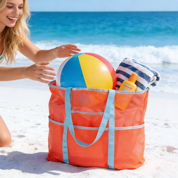 Oversized Beach Tote Bag with Mesh Pockets for Swimwear Storage and Organizing, Water Resistant Nylon Travel Tote for Pool, Beach, and Gym with Comfortable Wide Handle