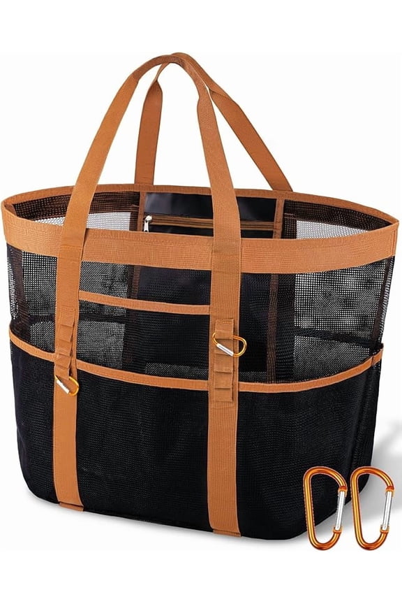 Oversized Beach Tote for Women - 12-Pocket Waterproof Mesh Bag, Lightweight with 2 Carabiners