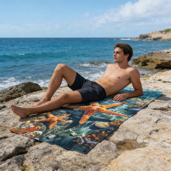 Oversized Beach Towel 28x55 Inch Quick Dry Microfiber Starfish Seashell Printed Towel for Beach Pool and Summer Vacation