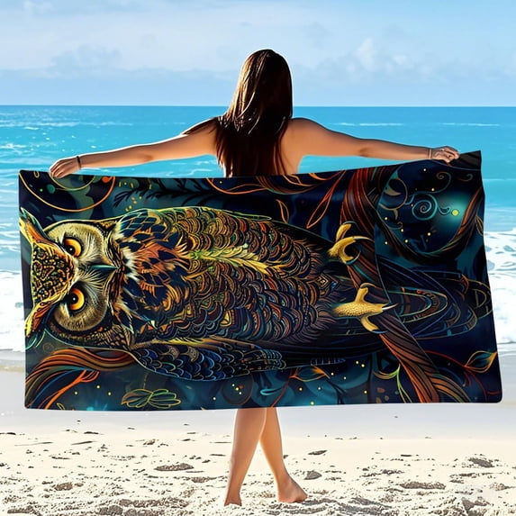 Oversized Beach Towel 30" x 59" Sand Free Quick Dry Microfiber Mystical Owl Printed Towel for Beach Pool and Summer Vacation