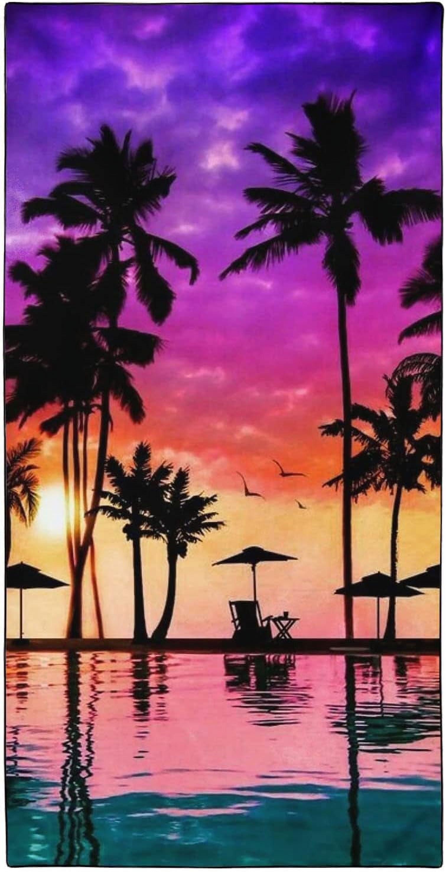 Oversized Beach Towel Quick Dry Sand Free Lightweight Microfiber Beach Towels for Swim Pool Camping Travel, Seaside Sunset Coconut Palm Trees, 36"x72"