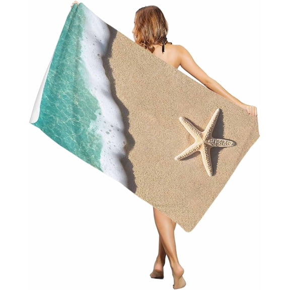 Oversized Beach Towels Starfish on The Beach Soft Absorbent Quick Dry Pool Towel Swimming Towel for Adults Men Women, Ocean Waves Marine Life Travel Towel, 60x30IN