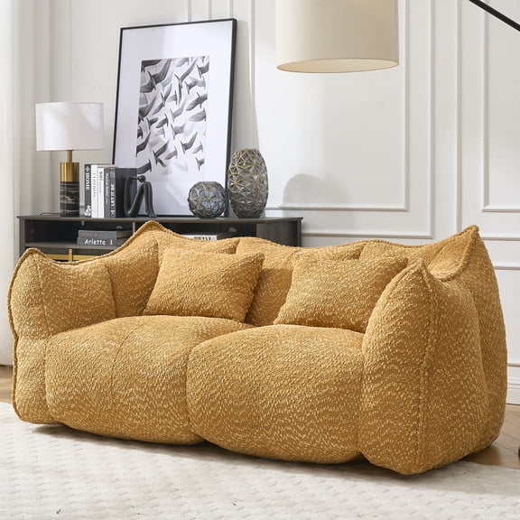 Oversized 2-Seater Chenille Bean Bag Chair with High Resilience Foam Core, Soft Square Recliner Sofa with Armrests & Handle for Living Room, Bedroom, Gaming & Reading,Yellow