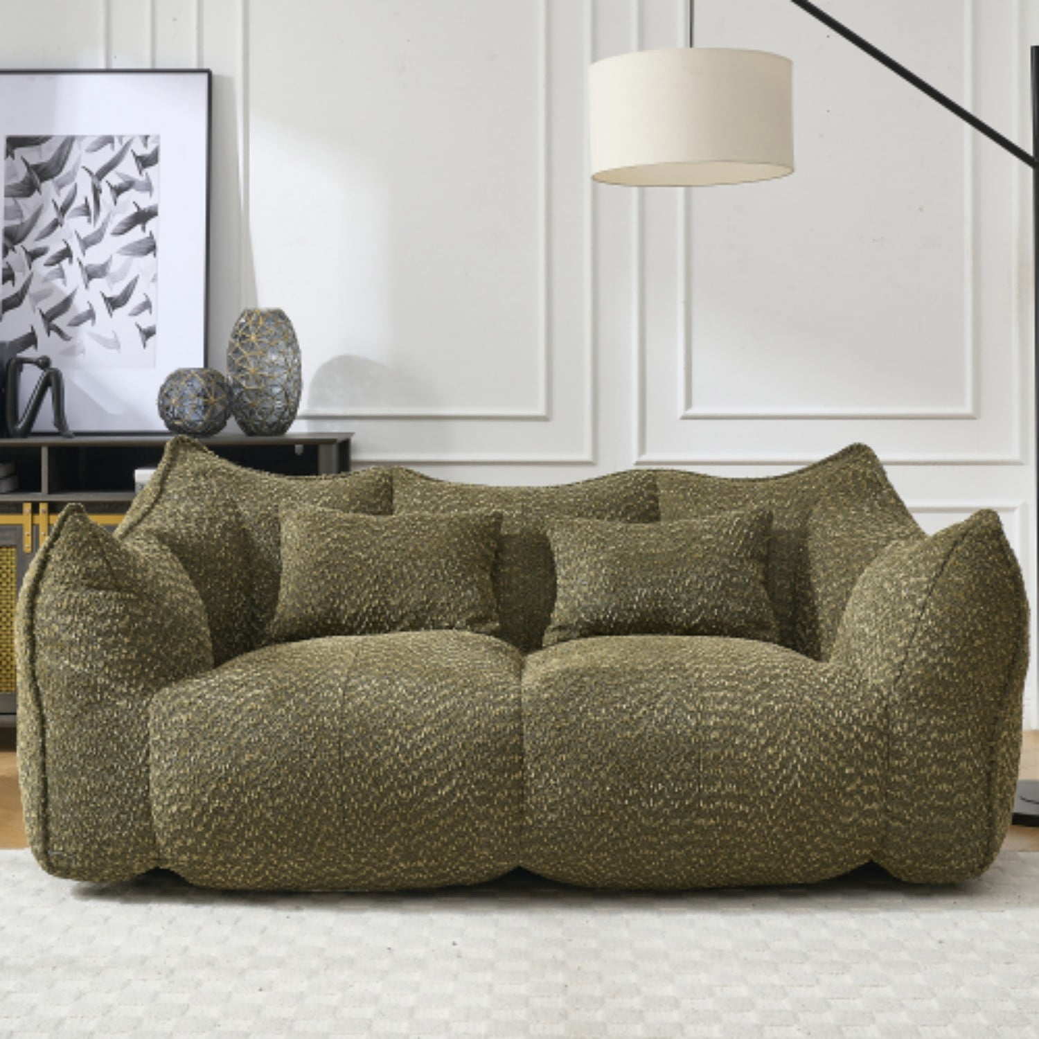Oversized Bean Bag Chair for 2 People, Soft Chenille Square Floor Sofa with High Resilience Foam Core, Armless Lounge Recliner for Living Room, Bedroom, Gaming & Reading Room, Olive Green