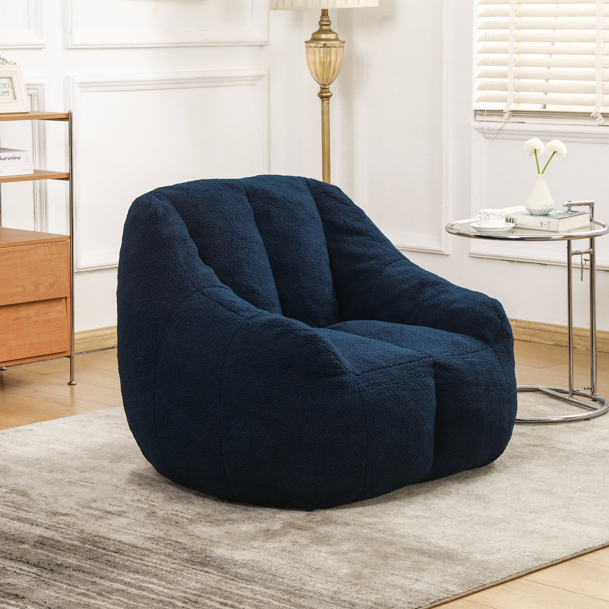GARITIN Oversized Bean Bag Chair, Faux Fur Memory Foam, 37.4" x 33.9" x 32.3", Dark Blue