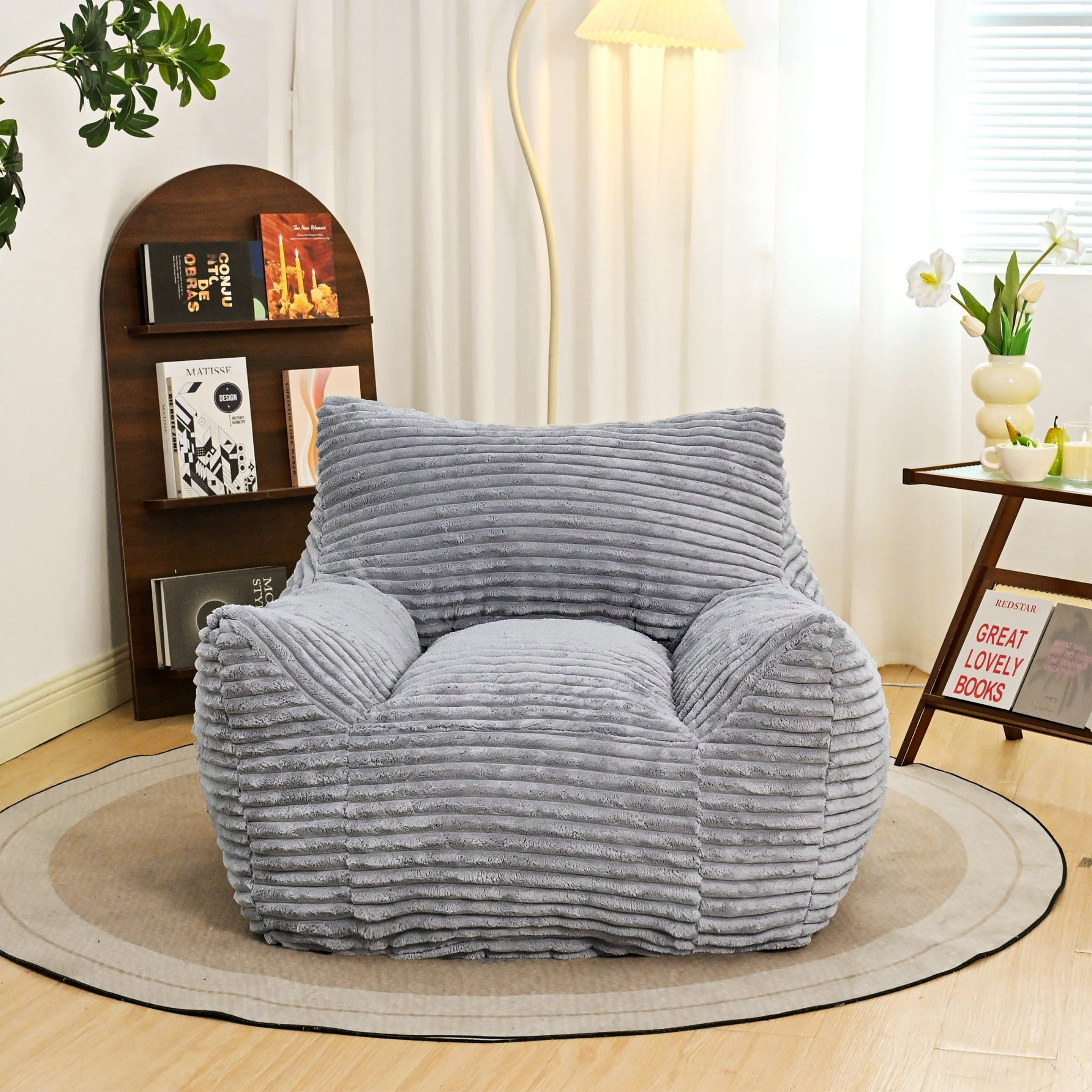 Oversized Bean Bag Chair for Adults with Armrests, Comfy Foam Lounge Sofa Chair for Living Room Bedroom Dorm, Light Gray