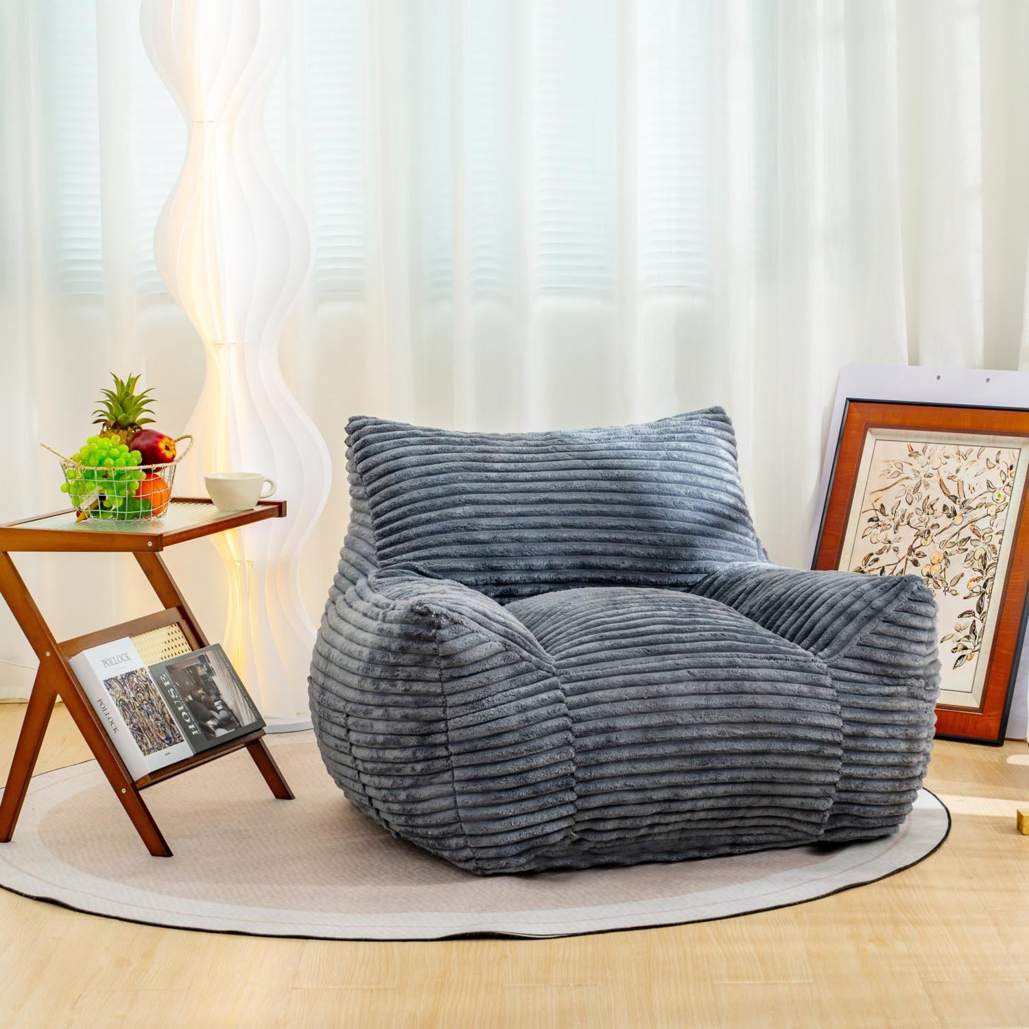 Oversized Bean Bag Chair with Armrests and Corduroy Fabric, Comfy Floor Sofa and Lounge Chair for Living Room Bedroom Dorm, 400 lb Capacity, Gray