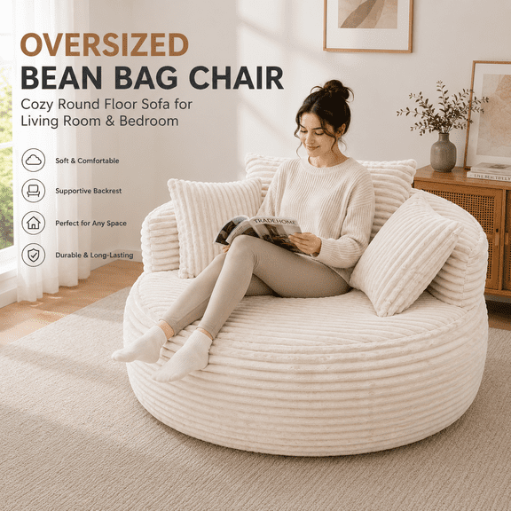 Oversized Bean Bag Chair with Backrest & Cushion, Cozy Round Floor Sofa Chair for Living Room & Bedroom, Soft Plush Lounge Chair, Beige