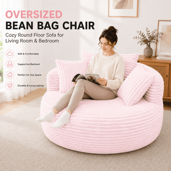 Oversized Bean Bag Chair with Backrest & Cushion, Cozy Round Floor Sofa Chair for Living Room & Bedroom, Soft Plush Lounge Chair,Pink