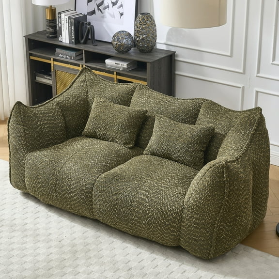 Oversized Bean Bag Chairs for Adults, 73" Fluffy Loveseat Bean Bag Sofa with Armrest and High-Density Foam Filled, Plush Comfy Lazy Sofa for Living Room, Bedroom, Apartment, Olive Green