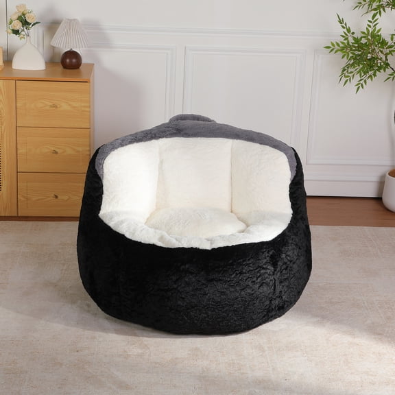 Oversized Bean Bag Chairs, Faux Fur Bean Bag Couch with 25.59" Deep Seat and Non-Slip Pad, Lounge Floor Sofa with Soft Backrest and Handle for Living Room, Bedroom, Dorm, Black