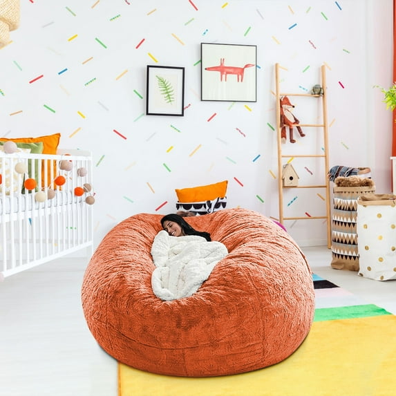 Oversized Bean Bag Cover, Comfy Bean Bag Chair Without Filler, Big Round Soft Faux Fur bean bag Chair Lazy Sofa Bed Cover for Adults, for Living Room Bedroom Furniture Outside Covers Orange L