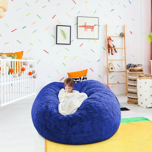 Oversized Bean Bag Cover, Comfy Bean Bag Chair Without Filler, Big Round Soft Faux Fur bean bag Chair Lazy Sofa Bed Cover for Adults, for Living Room Bedroom Furniture Outside Covers Blue S