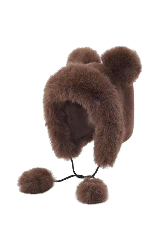 Oversized Bear Hat with Ear and Pompoms Skiing Hat Furry Hat Cartoon Photo Props Outdoor Head Wrap Hat for Halloween