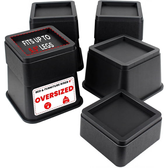 Oversized Bed Risers Heavy Duty 8 Inch 4 Pack, Furniture Risers for Sofas Stackable in 3, 5, or 7 Inch Supports Up to 11000 Lbs, Square Bed Raising Blocks Fits 5.5 Inch Wide Desk or Couch (Black)