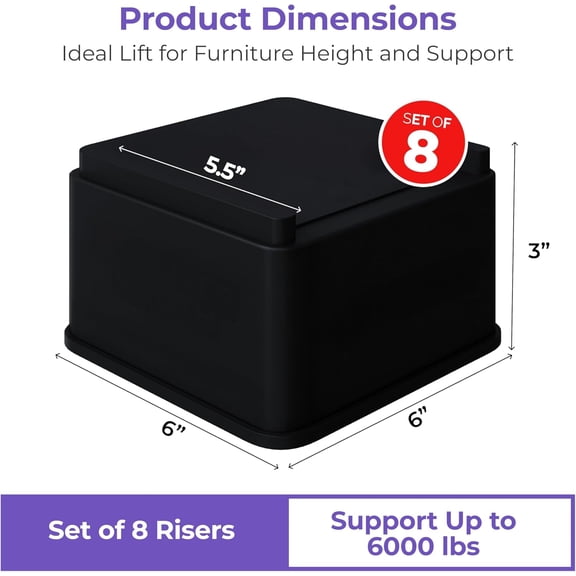 Oversized Bed and Sofa Risers, Square 3 Inch Lift, Heavy Duty, 8 Pack - Furniture Raising Blocks for Dorms Couches Tables