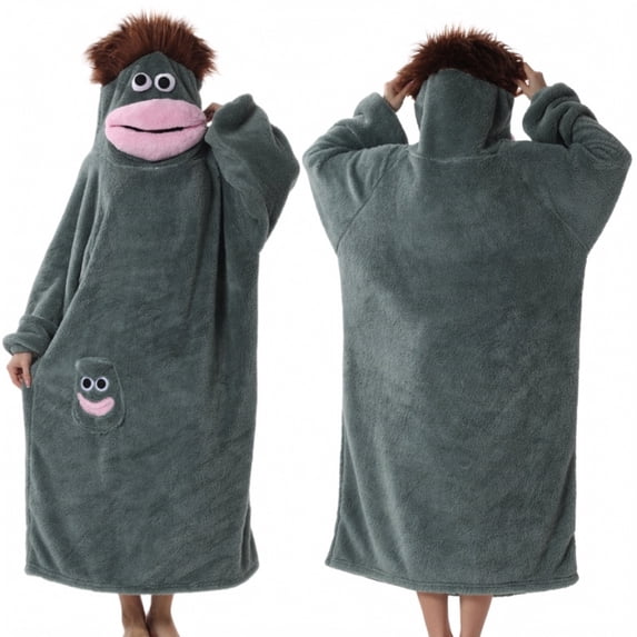 Oversized Big Mouth Monster Sleep Robe for Adults, Soft Fluffy Plush Cartoon Hooded Onesie, Cozy Loose Casual Home Loungewear Pajamas Dark Blue