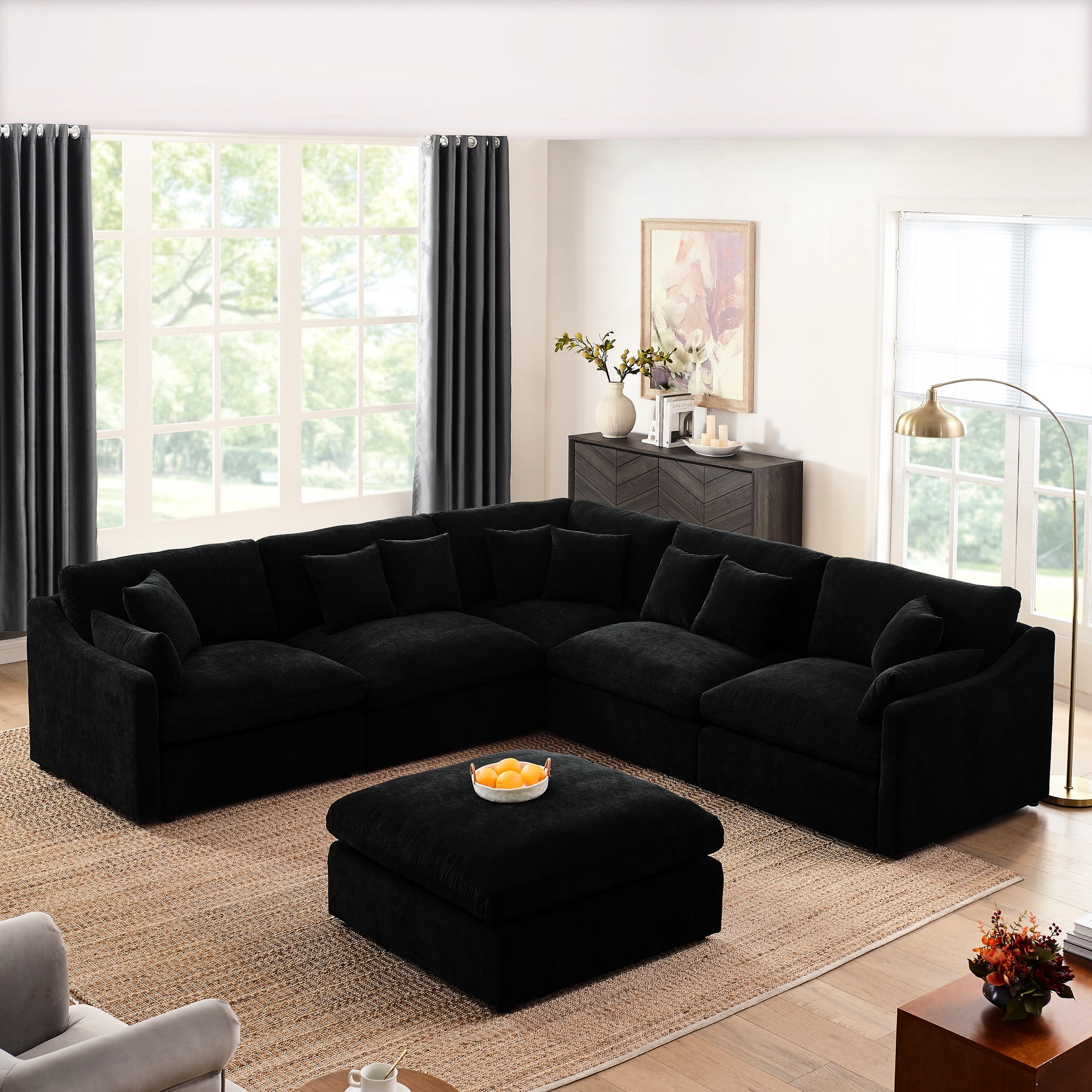 Oversized Black Chenille L-shaped Sectional With & 10 Pillows, 6 Couch
