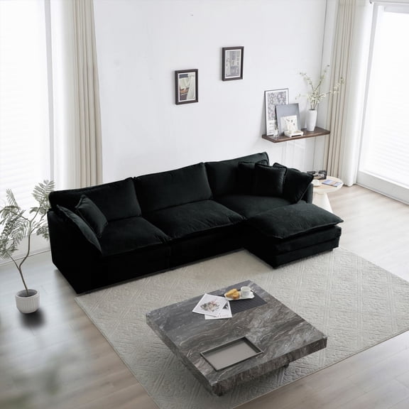 Modern Black Chenille U-Shaped Oversized Sectional Sofa with Reversible Ottoman