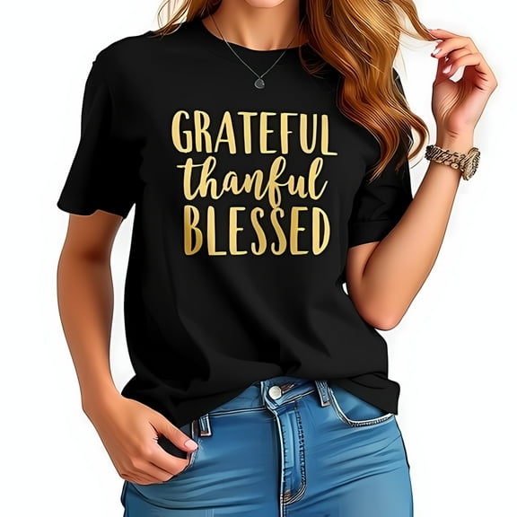 Oversized Black Cotton Short Sleeve T-Shirt with Gold Foil " GRATEFUL thankful BLESSED " Inscription - Casual Relaxed Fit