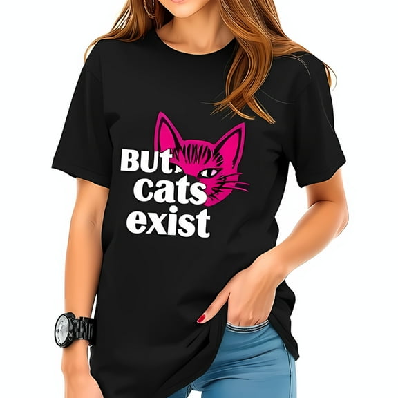 Oversized Black Cotton T-Shirt with Hot Pink Cat Face Graphic & " But Cats Exist " Text - Casual Short Sleeve Tee
