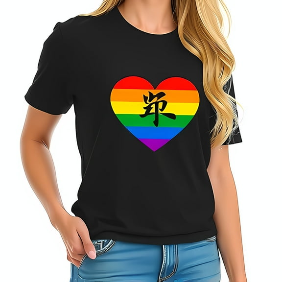 Oversized Black Cotton T-Shirt with Rainbow Heart & Japanese Kanji for 'Peace' - Casual Short Sleeve Tee for LGBTQ  Pride