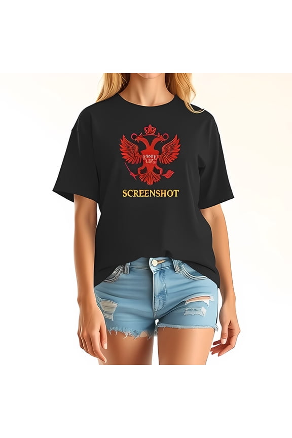 Oversized Black Cotton T-Shirt with Red Double-Headed Eagle & Gold 'SCREENSHOT' Print Casual Summer Style